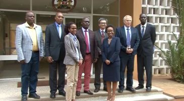 Kiambu County Governor William Kabogo poses for a photo with the UN-Habitat Delegation led by Banji Oyeyinka, CEC In charge Finance-(front row blue suit) Mary Nguli.
