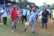Kiambu governor William Kabogo dribbles a ball at Thika stadium on Monday.